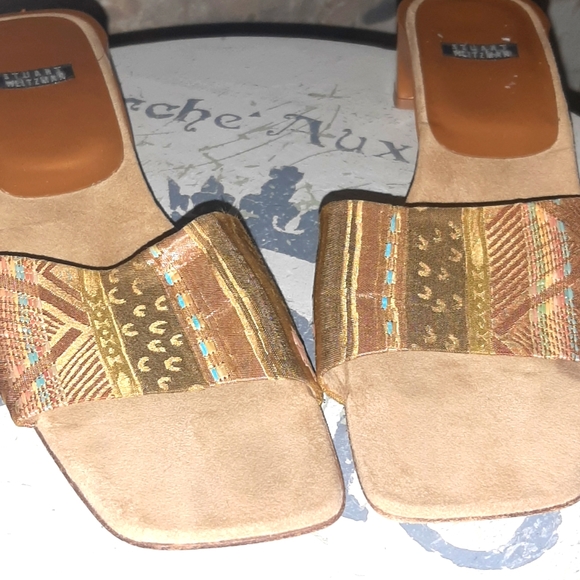 Stuart Weitzman Slides Neutral Block Heels with Platform - Picture 3 of 9